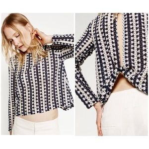 Zara B&W Collection Navy & White Open Back Long Sleeve Top